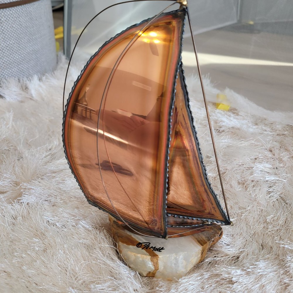 John Demott Signed Vintage Copper Sailboat 3D Sculpture Art Deco Marble Base